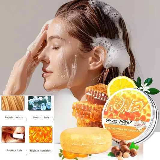 Woman washing hair with natural honey shampoo from SACRED SELF WELLNESS featuring organic honey and nourishing ingredients
