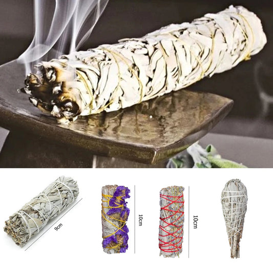 Sacred Self Wellness palo santo white sage smudge stick burning with smoke on a tray and size variations
