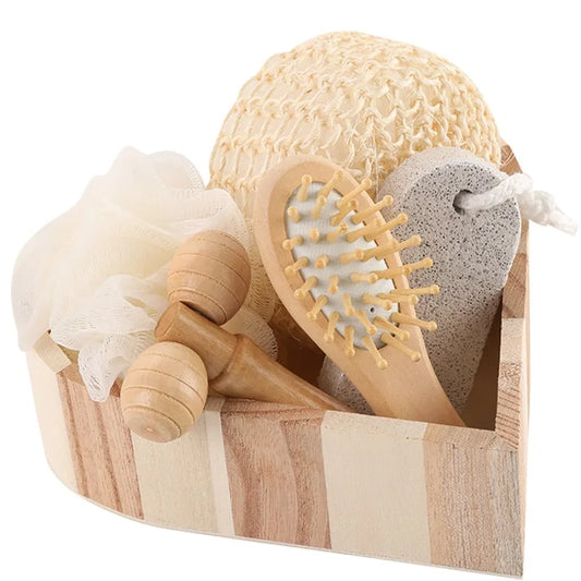 Wooden heart-shaped box with bath and skin care kit for women including brush, pumice stone, loofah, and wooden massager