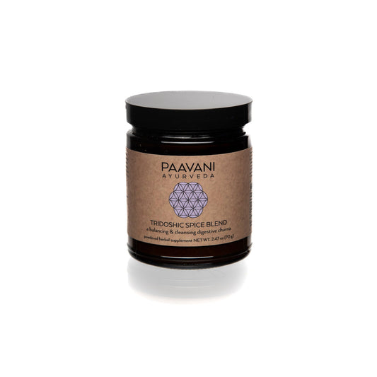 DC-PAAVANI Ayurveda tridoshic spice blend in dark glass jar with black lid and brown label