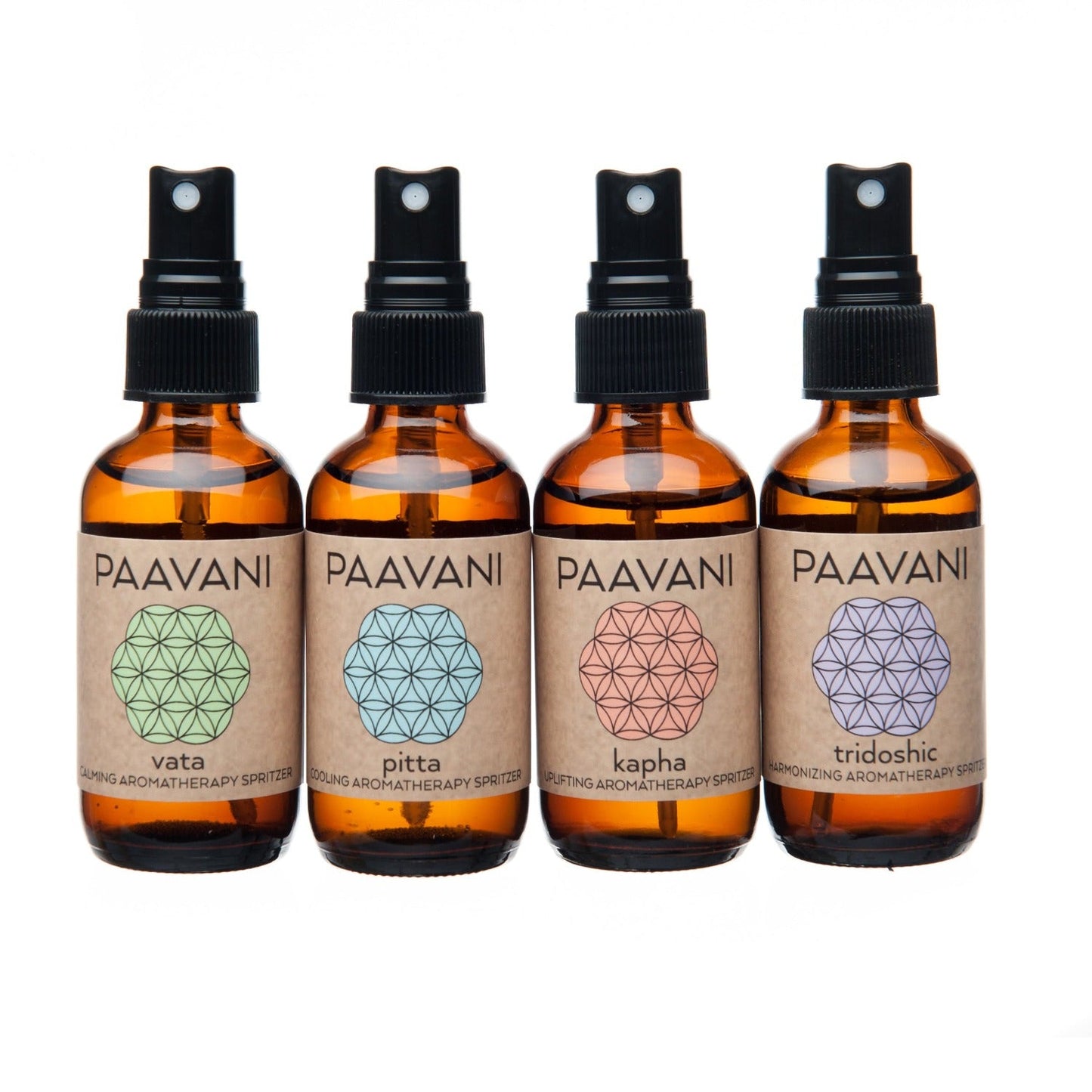 DC-PAAVANI Ayurveda Ayurvedic aromatherapy kit with four amber spray bottles labeled vata pitta kapha and tridoshic