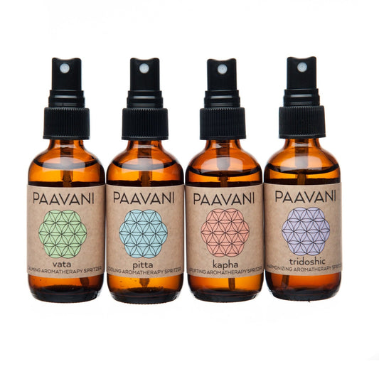 DC-PAAVANI Ayurveda Ayurvedic aromatherapy kit with four amber spray bottles labeled vata pitta kapha and tridoshic