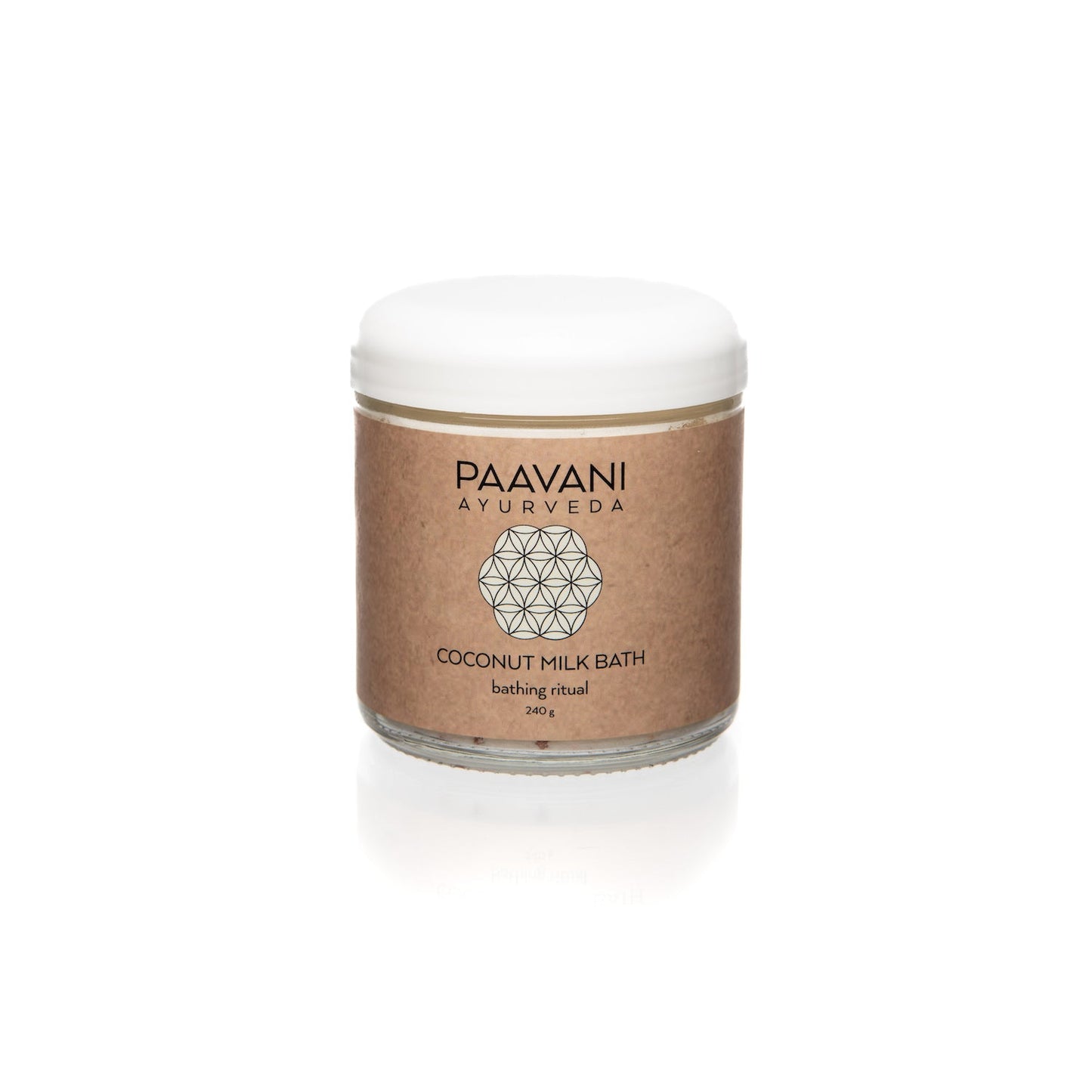 Ayurvedic coconut milk bath from DC-PAAVANI Ayurveda in a glass jar with white lid for bathing ritual
