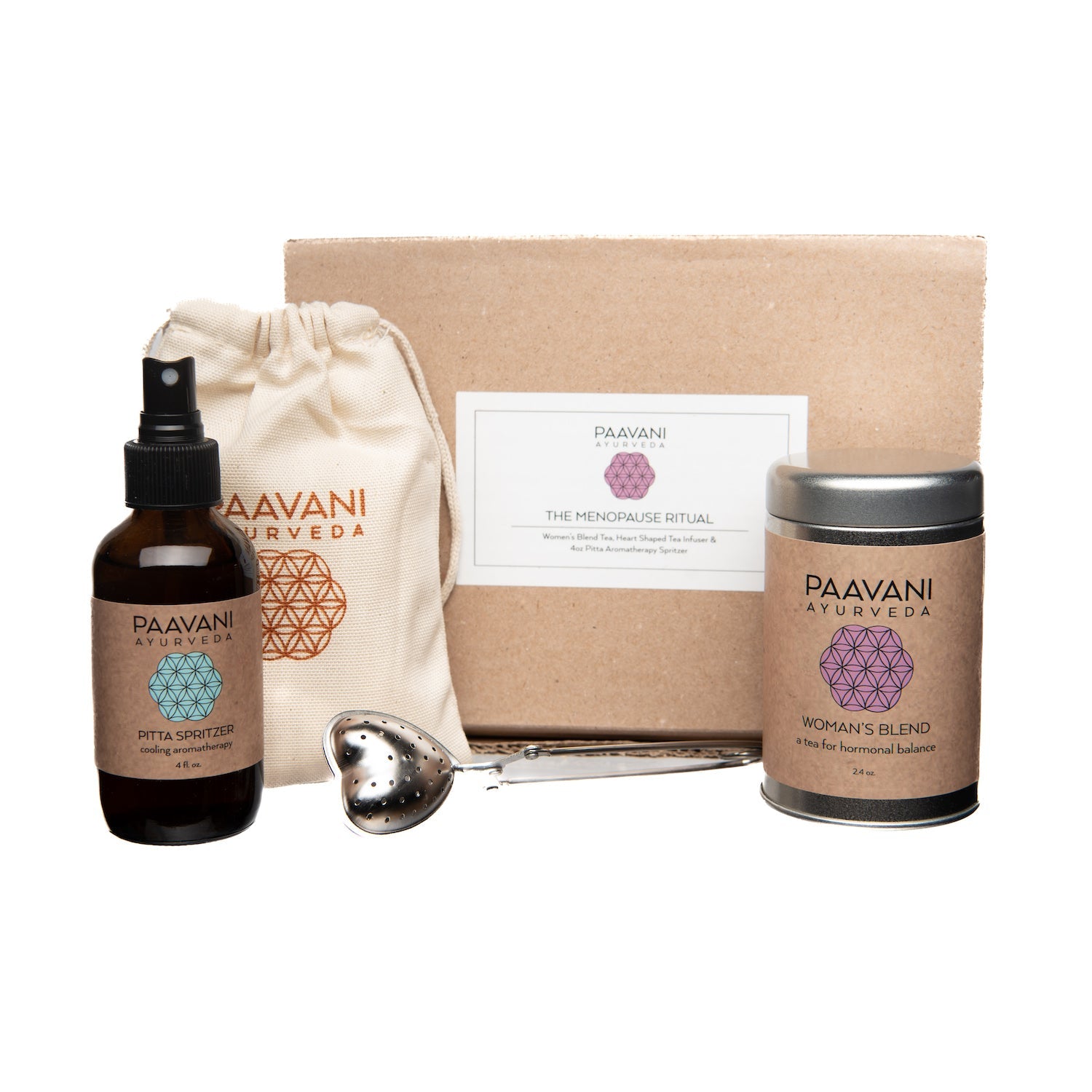 DC-PAAVANI Ayurveda ayurvedic menopause support kit with Woman's Blend, Pitta Spritzer, and heart-shaped tea infuser