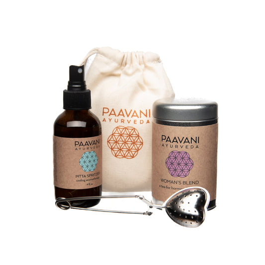 DC-PAAVANI Ayurveda ayurvedic menopause support kit with herbal spray, tea blend, and heart-shaped tea infuser