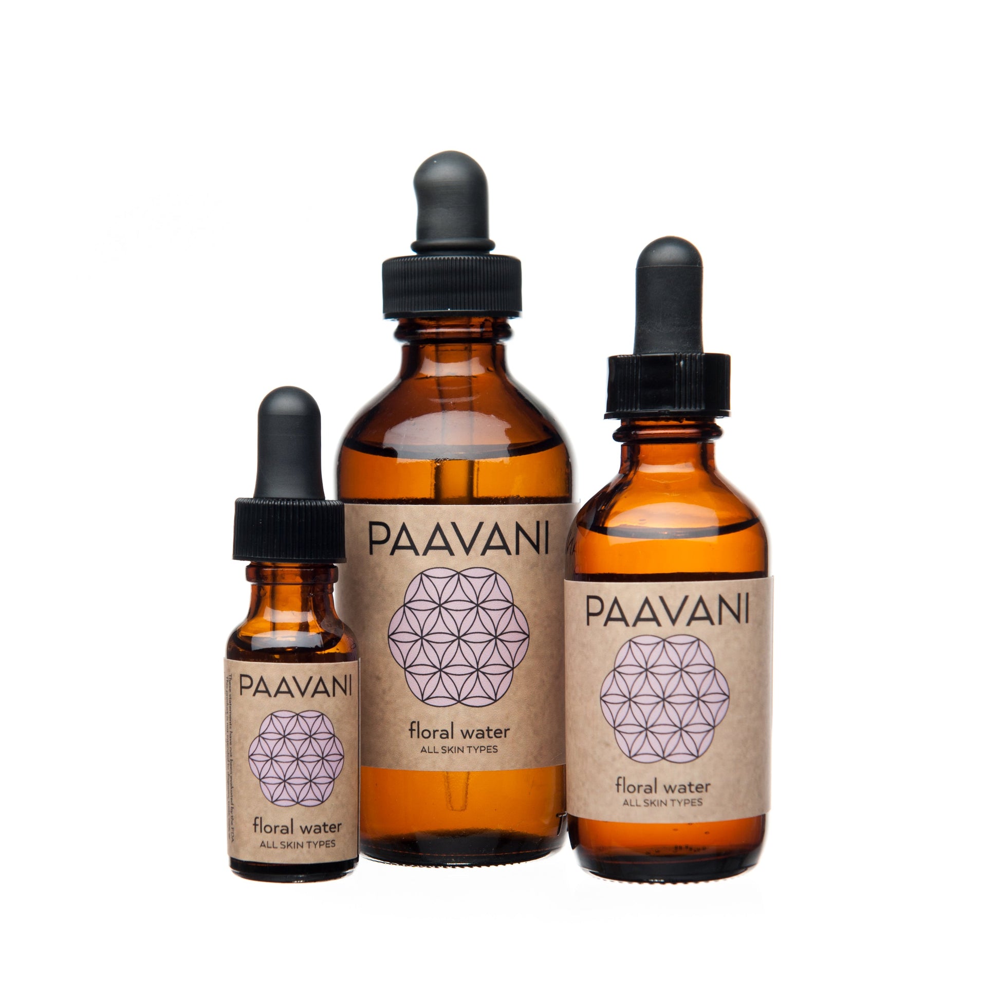 DC-PAAVANI Ayurveda botanical floral water for skin in three amber dropper bottles