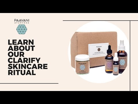 DC-PAAVANI Ayurveda clarifying facial ritual for acne skincare set with cream, serums, and spray in front of packaging box