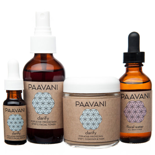 DC-PAAVANI Ayurveda clarifying facial ritual for acne with toner, cleanser, mask, and floral water