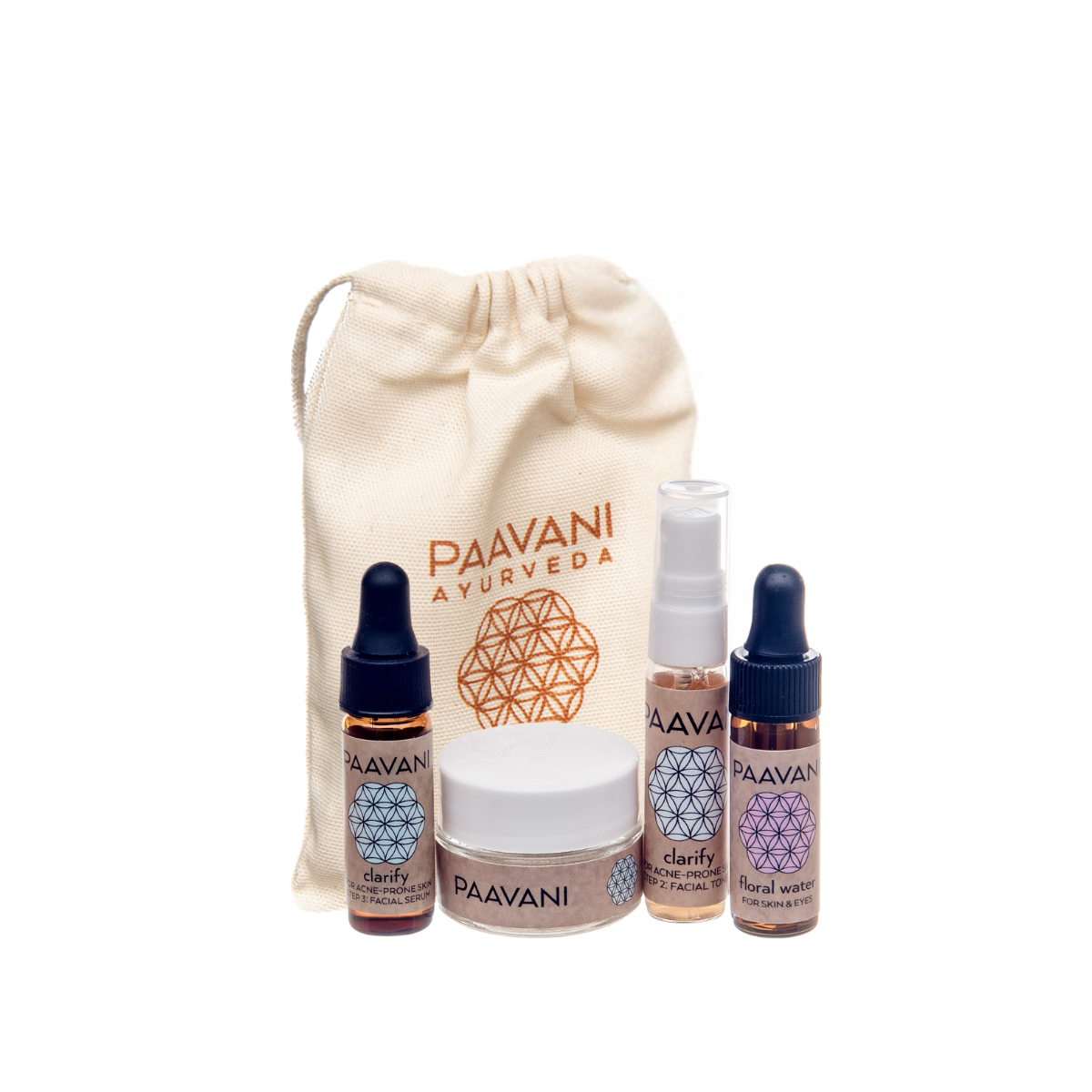 DC-PAAVANI Ayurveda clarifying facial ritual for acne set with serum, cream, floral water, and pouch