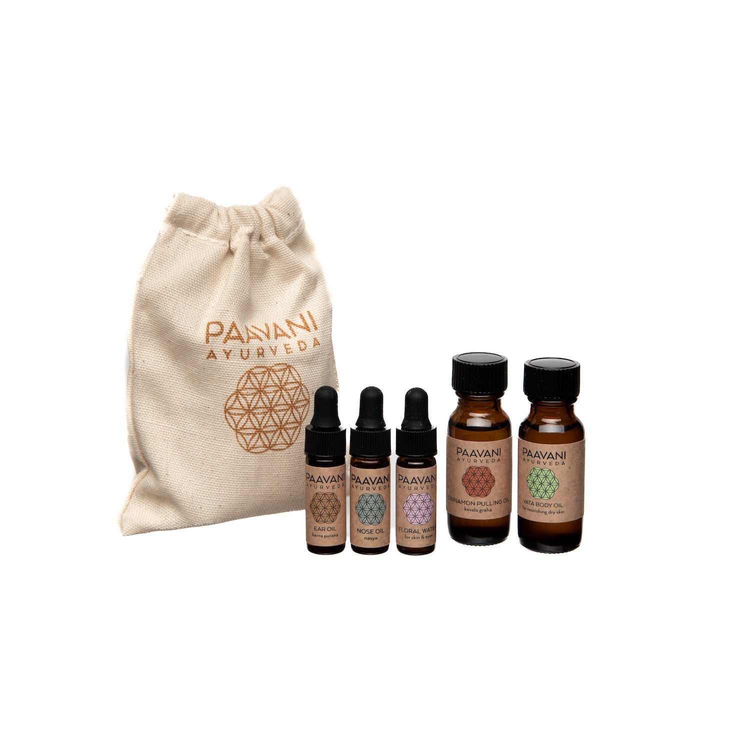 DC-PAAVANI Ayurveda Dinacharya ritual kit for daily wellness with essential oils and natural pouch