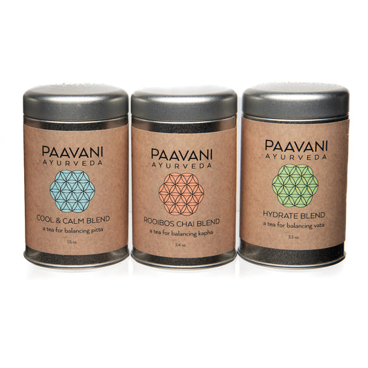 DC-PAAVANI Ayurveda herbal tea ritual set with Cool Calm, Rooibos Chai, and Hydrate blends in metal tins