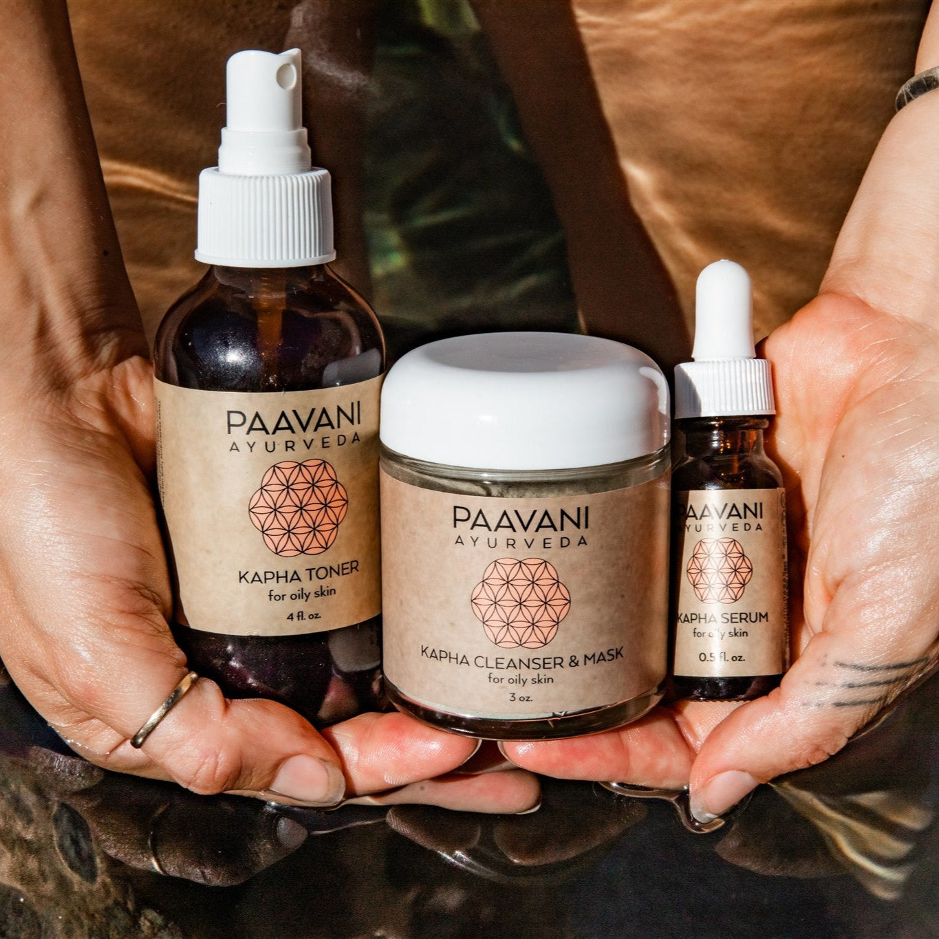 Kapha facial ritual kit by DC-PAAVANI Ayurveda with toner, cleanser mask, and serum for oily skin