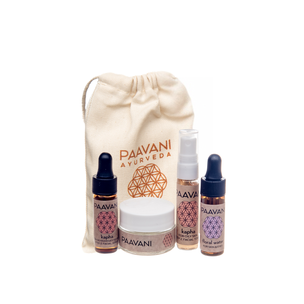 DC-PAAVANI Ayurveda Kapha facial ritual kit with serum, cream, floral water, and cloth pouch