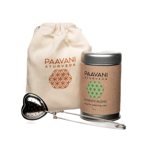 DC-PAAVANI Ayurveda organic loose leaf herbal tea Hydrate Blend with tin container, heart-shaped infuser, and drawstring pouch