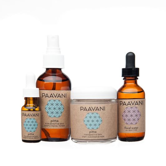 DC-PAAVANI Ayurveda Pitta facial ritual set including cleanser, toner, floral water, and serum for sensitive skin