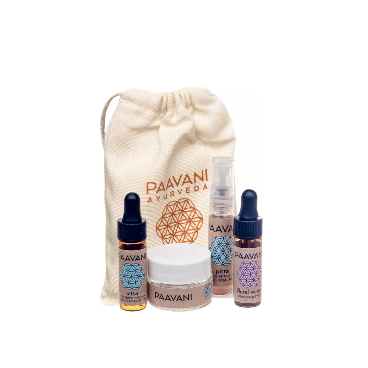 DC-PAAVANI Ayurveda Pitta facial ritual set with serum, cream, floral water, and facial oil in a drawstring pouch