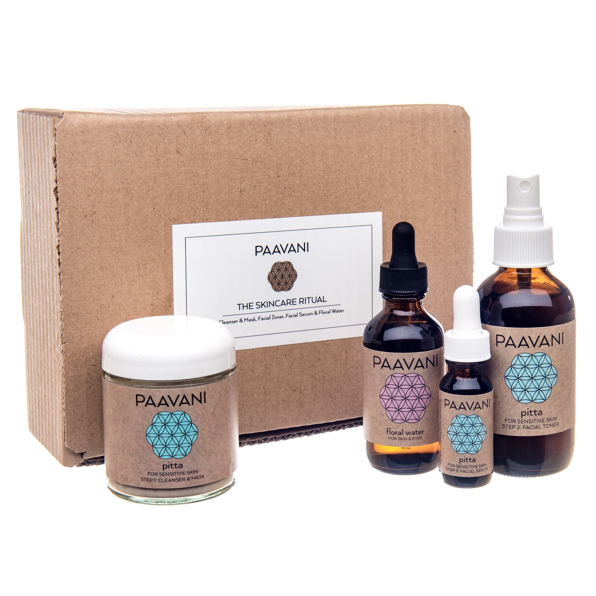 PAAVANI Pitta facial ritual set with herbal cleanser, floral water, serum, and toner in brown packaging