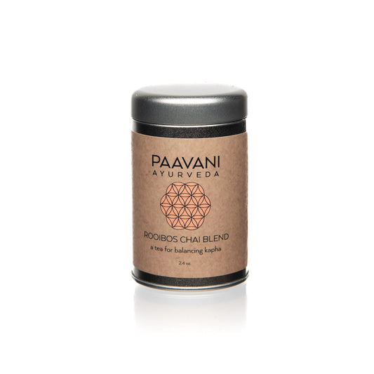 DC-PAAVANI Ayurveda rooibos chai blend tea in a metal tin with brown label for balancing kapha
