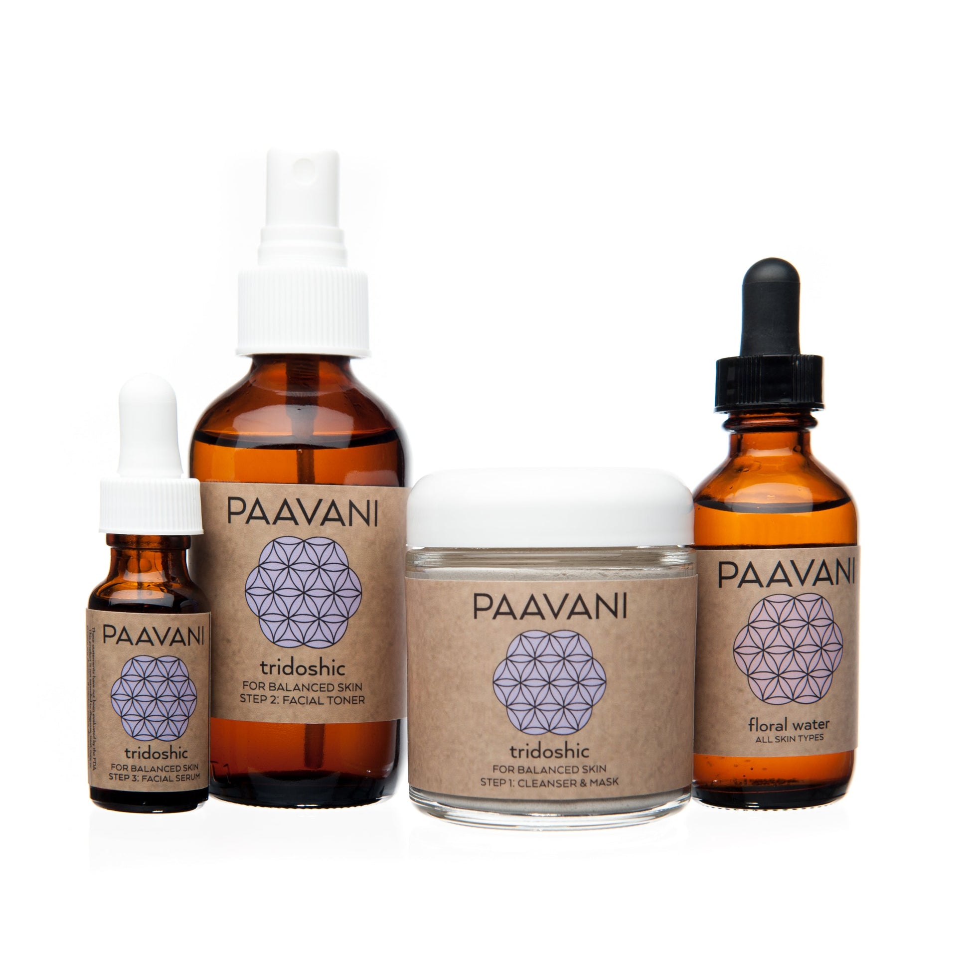 DC-PAAVANI Ayurveda tridoshic facial ritual kit with toner, cleanser mask, floral water, and facial serum bottles