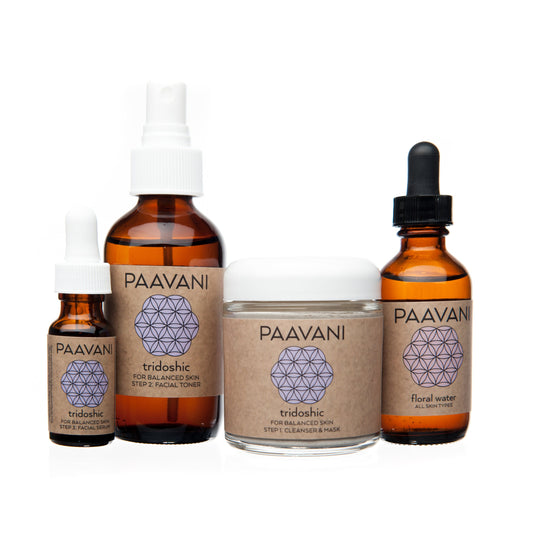 DC-PAAVANI Ayurveda tridoshic facial ritual kit with toner, cleanser mask, floral water, and facial serum bottles
