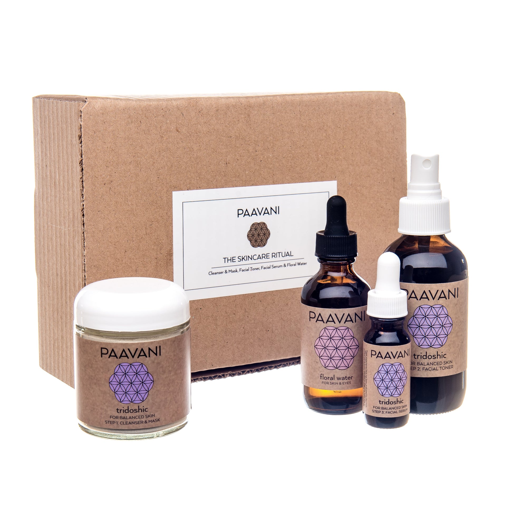 DC-PAAVANI Ayurveda tridoshic facial ritual kit with cleanser, floral water, facial serum, and mask in brown packaging