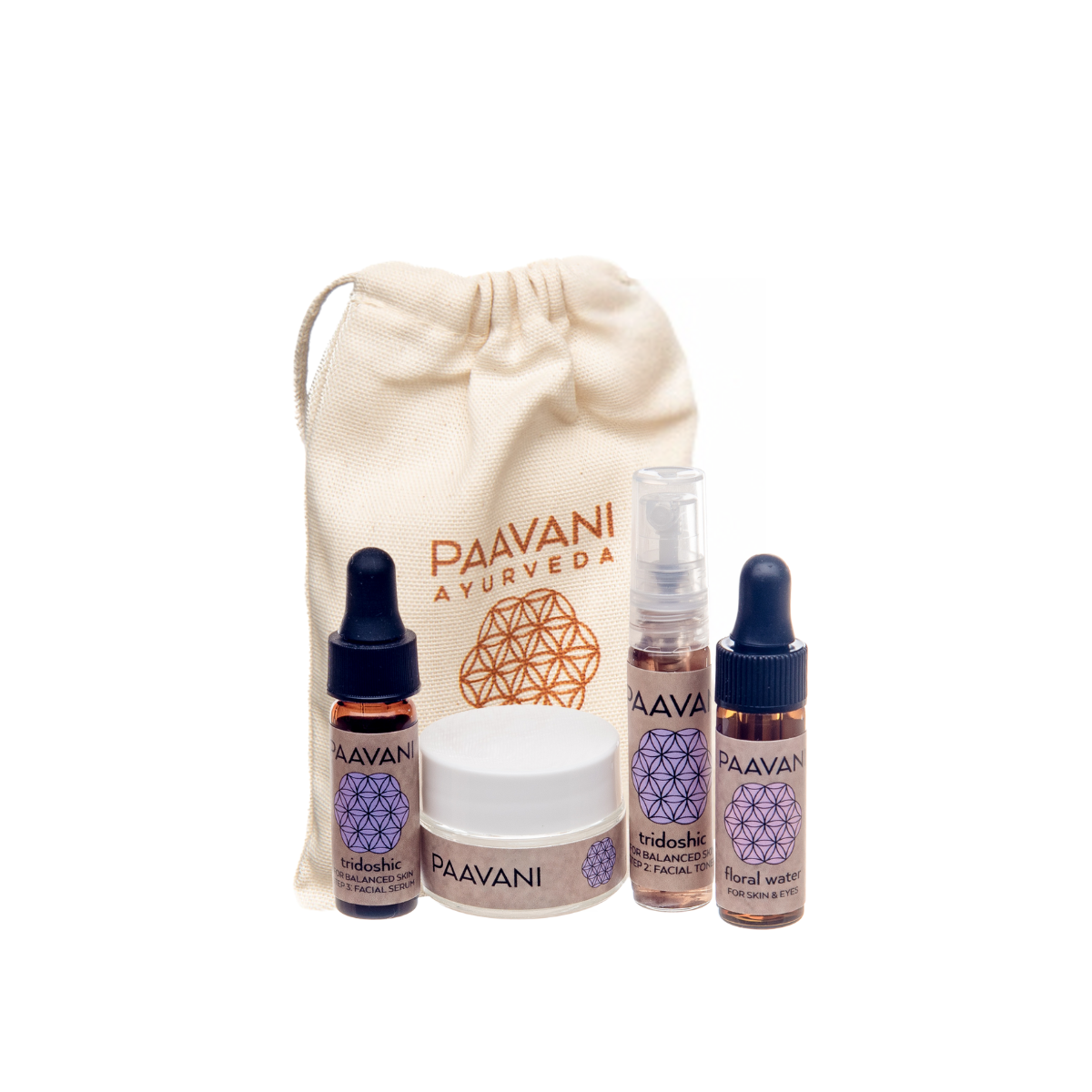 DC-PAAVANI Ayurveda tridoshic facial ritual kit with oil droppers, cream jar, spray bottle, and cloth pouch