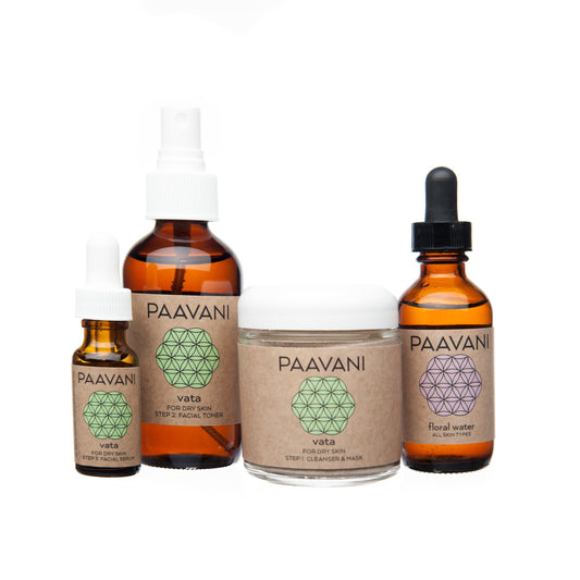 DC-PAAVANI Ayurveda vata facial ritual set with cleanser mask, facial serum, toner, and floral water