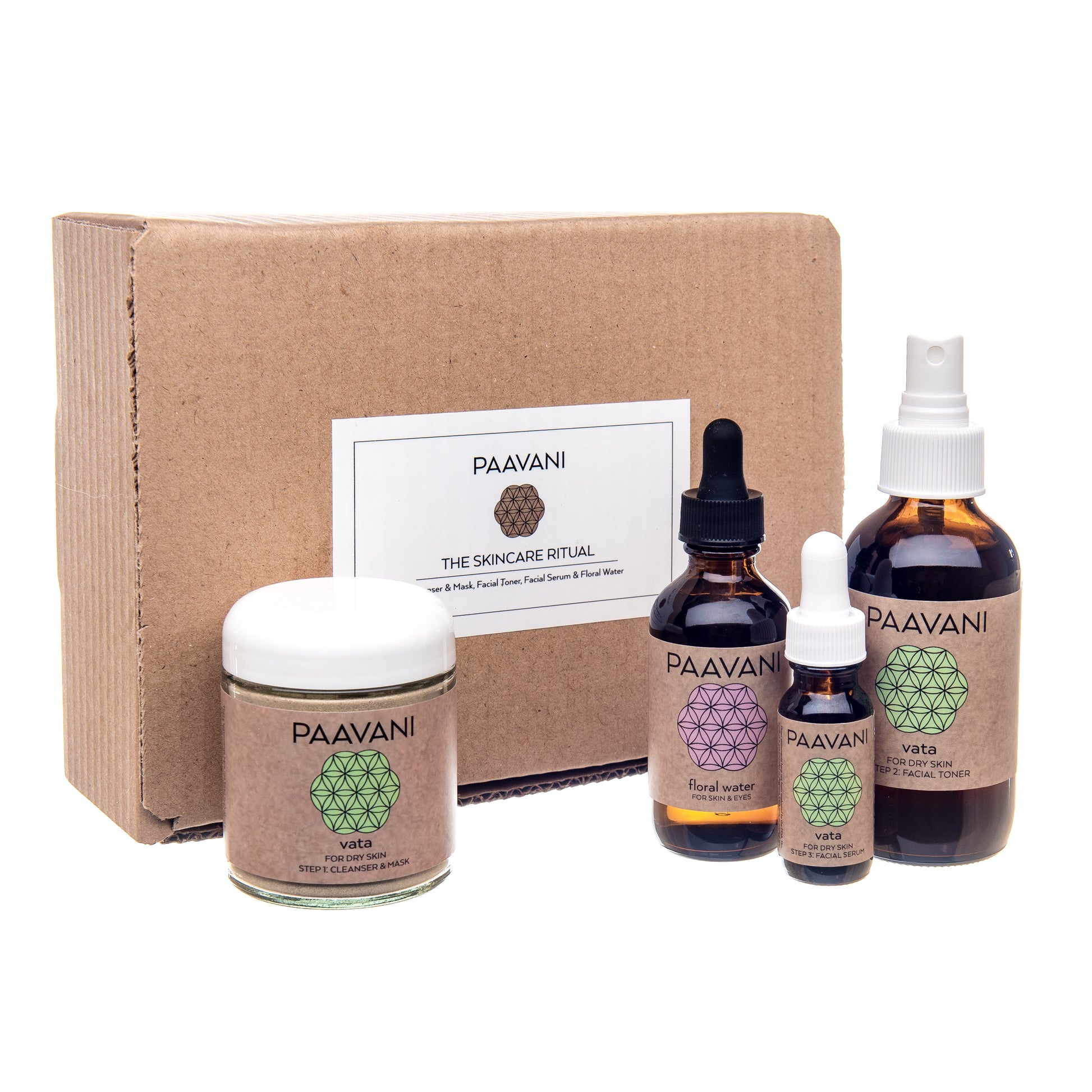DC-PAAVANI Ayurveda vata facial ritual set with natural skincare products and eco-friendly packaging