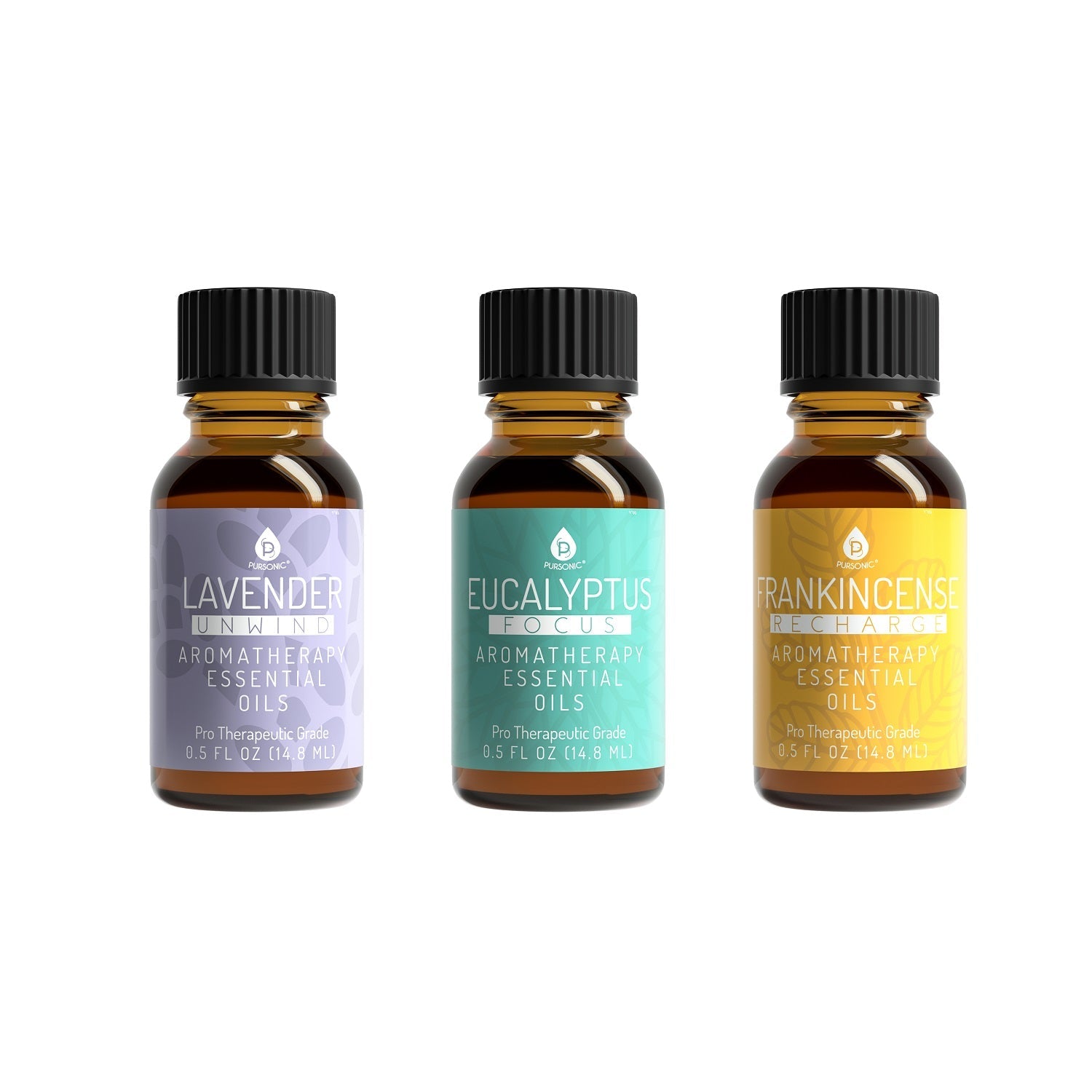 DC-PURSONIC aromatherapy essential oils set with Lavender, Eucalyptus, and Frankincense in amber glass bottles