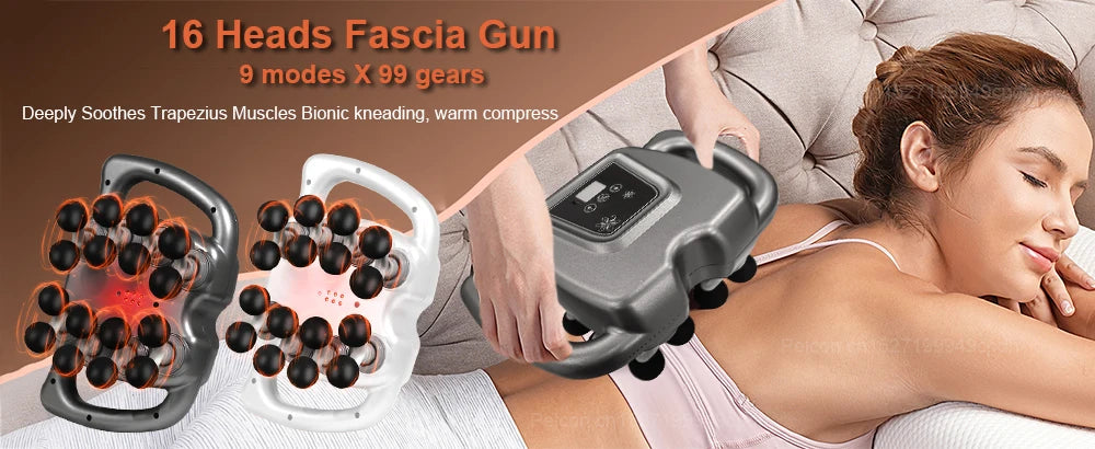 16-head massage gun with 16 heads in black and white for deep muscle relief and kneading