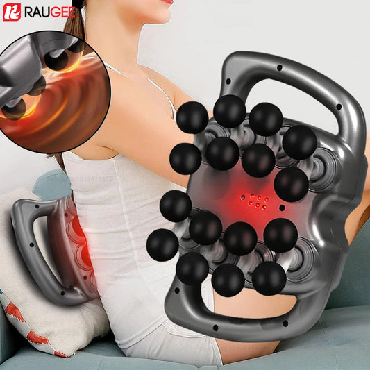 Woman using My Store 16-head massage gun with multiple black massage nodes on her back for muscle relief