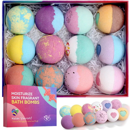 Colorful handmade bath bomb gift set with 12 assorted fragrant bath bombs in a gift box