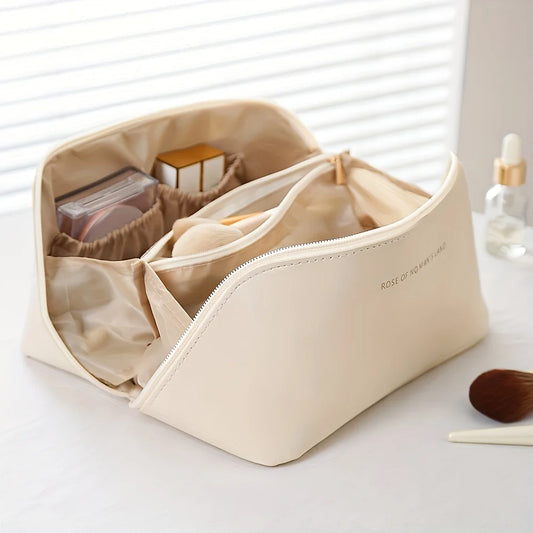 SACRED SELF WELLNESS luxury makeup organizer bag in beige with multiple compartments for cosmetics storage