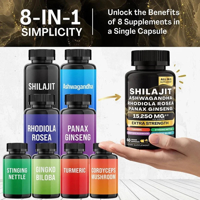 Ashwagandha maca ginseng complex supplement bottle with 8-in-1 formula including shilajit and rhodiola rosea
