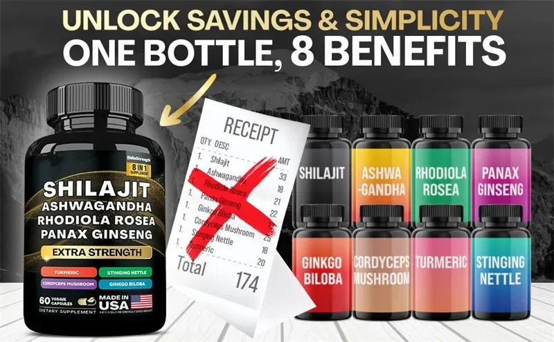 Sacred Self Wellness Ashwagandha Maca Ginseng Complex bottle with 8 benefits including shilajit and rhodiola rosea