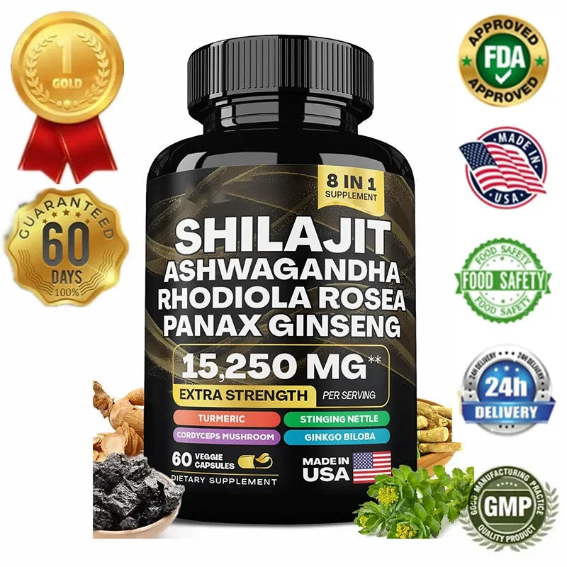 Sacred Self Wellness ashwagandha maca ginseng complex supplement bottle with 60 veggie capsules and 8 in 1 formula
