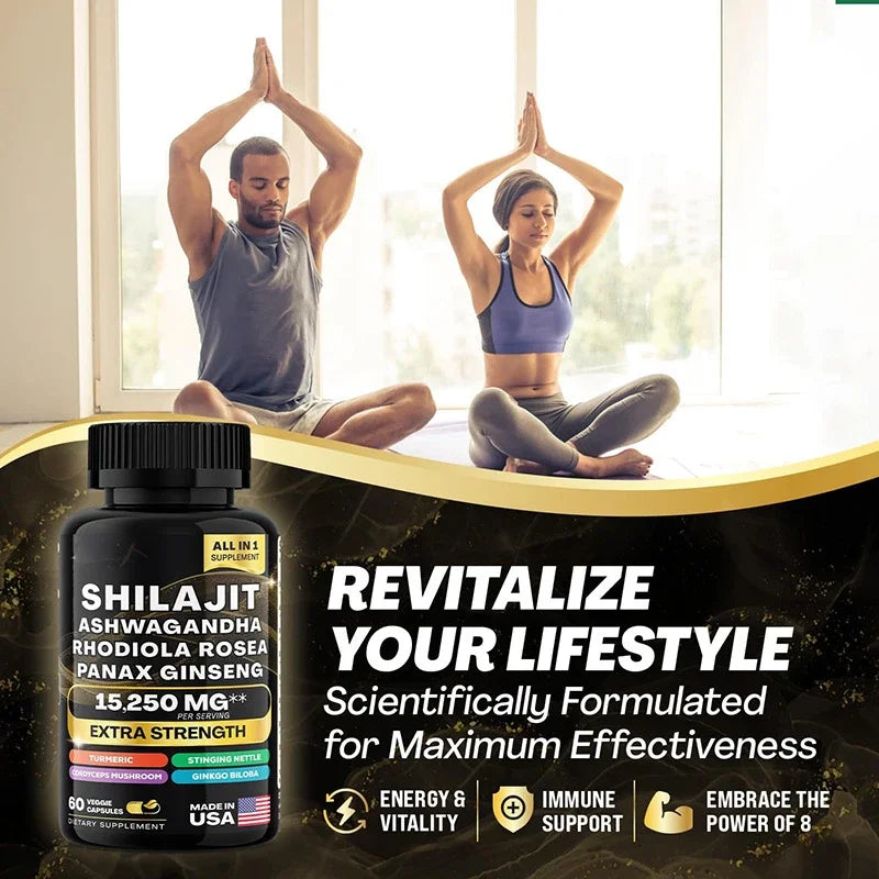 Sacred Self Wellness Shilajit Ashwagandha Maca Ginseng Complex supplement bottle with a man and woman meditating in the background