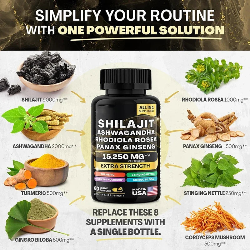 Sacred Self Wellness Ashwagandha Maca Ginseng Complex supplement bottle surrounded by natural herbs and roots ingredients