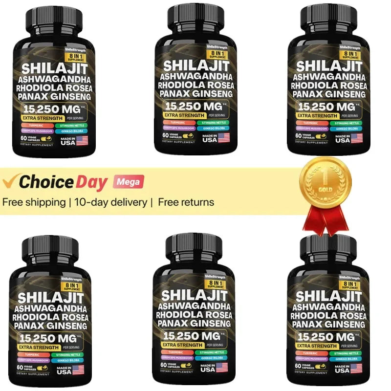 Sacred Self Wellness Shilajit supplement bottles with ashwagandha maca ginseng complex and 15,250 mg extra strength capsules