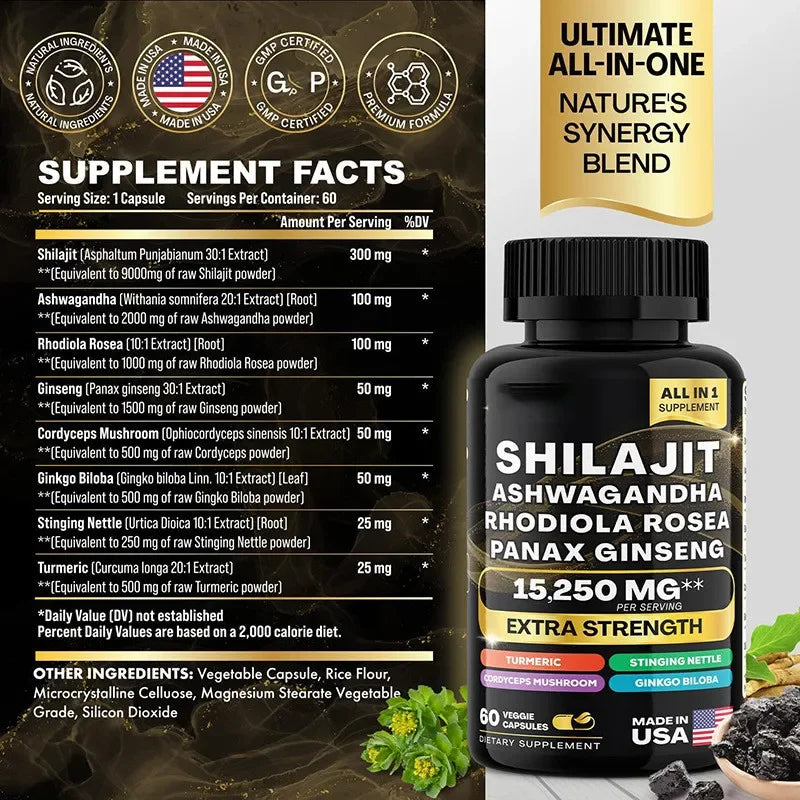 Sacred Self Wellness Shilajit Ashwagandha Rhodiola Rosea Panax Ginseng complex supplement bottle with label showing 15,250 mg per serving and all-in-one nature synergy blend