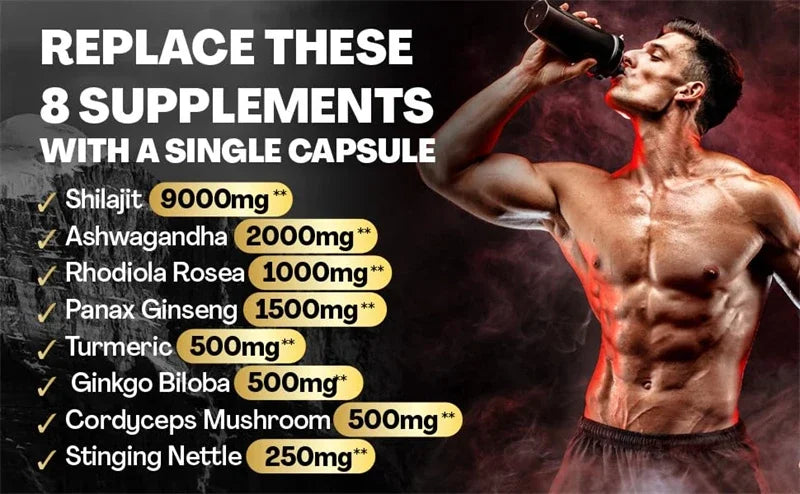 Muscular man drinking supplement capsule with ashwagandha maca ginseng complex replacing 8 supplements in one