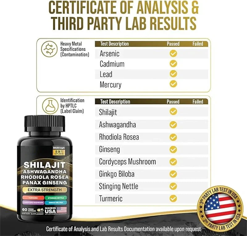 SACRED SELF WELLNESS ashwagandha maca ginseng complex bottle with certificate of analysis showing passed third party lab test results