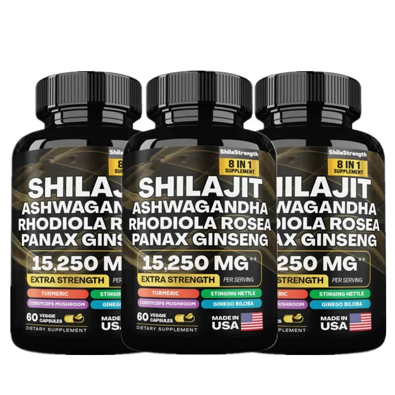 Sacred Self Wellness Shilajit Ashwagandha Maca Ginseng Complex 8 in 1 supplement bottle pack