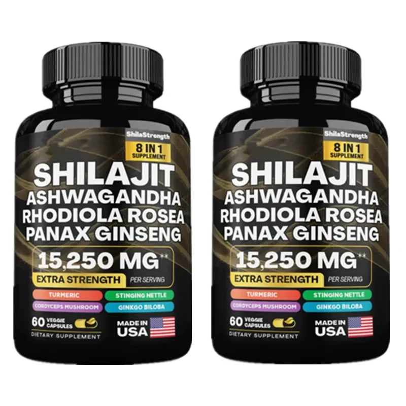 SACRED SELF WELLNESS Shilajit supplement bottle featuring ashwagandha maca ginseng complex with 15,250 mg per serving