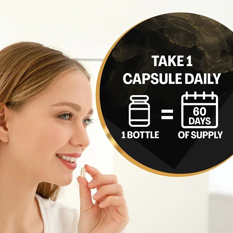 Woman holding a capsule with ashwagandha maca ginseng complex supplement information about daily dosage and 60 days supply