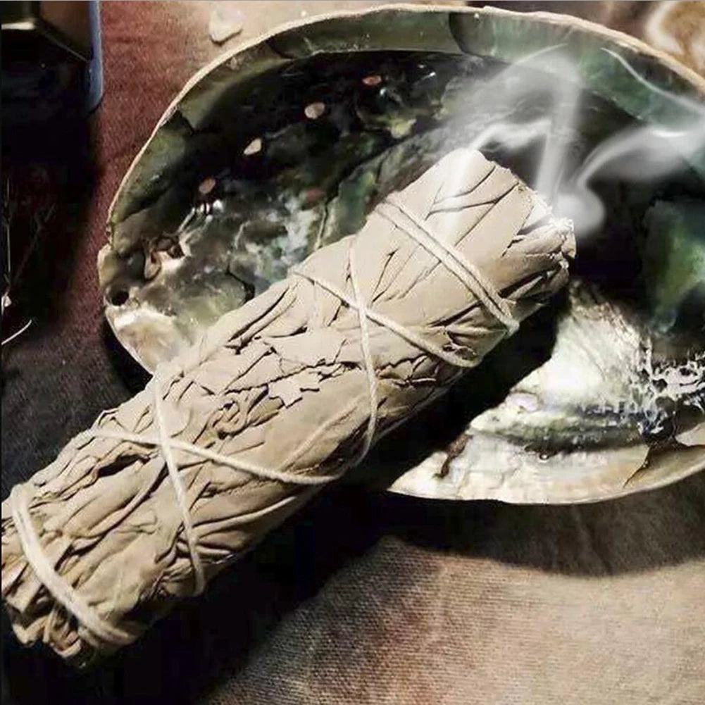 Sacred Self Wellness palo santo white sage smudge stick emitting smoke on a decorative abalone shell