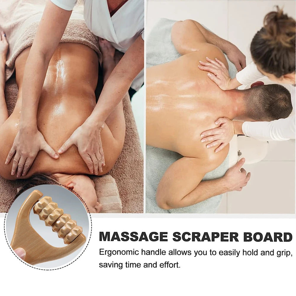 Wooden handheld massage roller with ergonomic handle shown with professional back massage for muscle relief