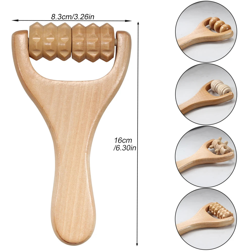 Wooden handheld massage roller by SACRED SELF WELLNESS with ergonomic handle and textured rollers