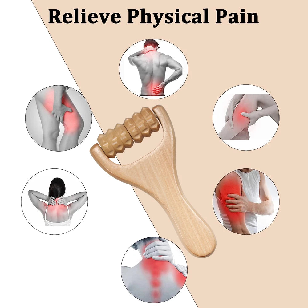 Wooden handheld massage roller by SACRED SELF WELLNESS for relieving physical pain in muscles and joints