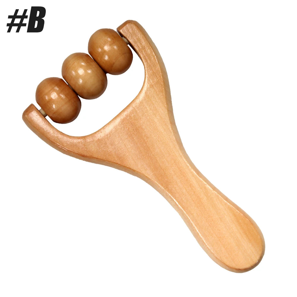SACRED SELF WELLNESS wooden handheld massage roller with three smooth wooden beads for muscle relief